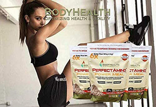 Bodyhealth Perfectamino Complete Power Meal Replacement Shake (Natural Flavor, Pouch, 20 Servings), Organic Protein Powder Drink W/Mct Oil, Probiotics, Vegan, High Nutrition, for Weight Loss Diet