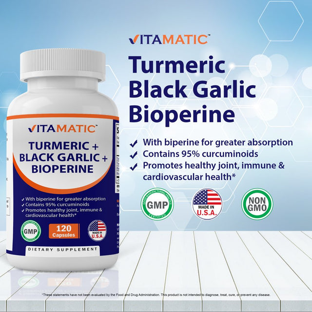 2 Pack Vitamatic Turmeric Curcumin (95% Curcuminoids), Black Garlic with Bioperine Black Pepper for Best Absorption, 910Mg Anti-Inflammatory Joint Relief, Turmeric Pills (Total 240 Capsules)