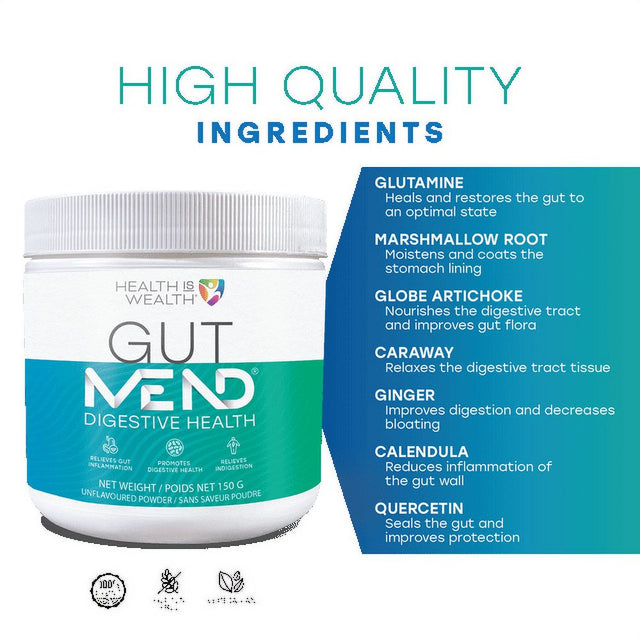 Health IS Wealth Gutmend® I Probiotic-Free Digestive Health Powder with Ginger, Glutamine, Marshmallow Root and Quercetin - Relieves Leaky Gut, Inflammation, Bloating & Nausea (150 G Powder)