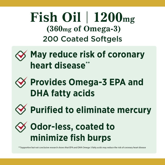 Nature’S Bounty Fish Oil Softgels with Omega 3 Fatty Acids for Heart Health, 1200 Mg, 200 Ct