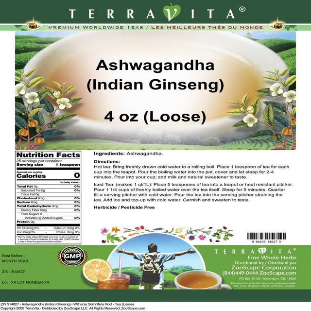 Terravita Ashwagandha (Indian Ginseng) - Withania Somnifera Root - Tea, (Loose Leaf Herbal Tea, 4 Oz, 1-Pack, Zin: 514827)