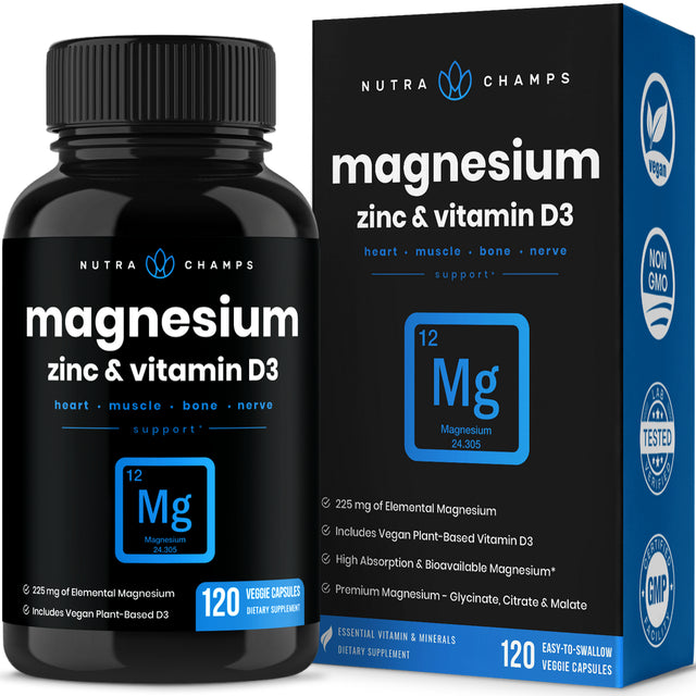 Nutrachamps Magnesium Zinc & Vitamin D3 Supplement - Most Bioavailable Forms; Magnesium Glycinate, Malate, Citrate - Bone, Muscle & Heart Health, Immune Support - 120 Vegan Capsules