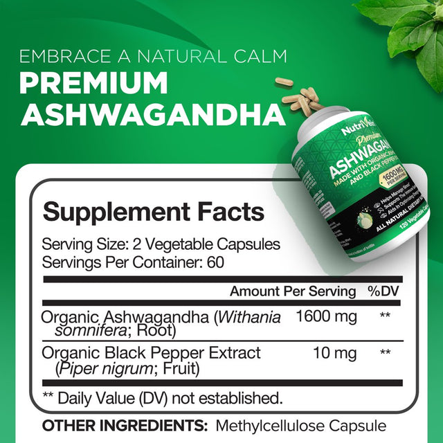 Nutrivein Organic Ashwagandha Capsules 1600Mg - 120 Vegan Pills - for Stress and Anxiety Relief - Herbal Supplements