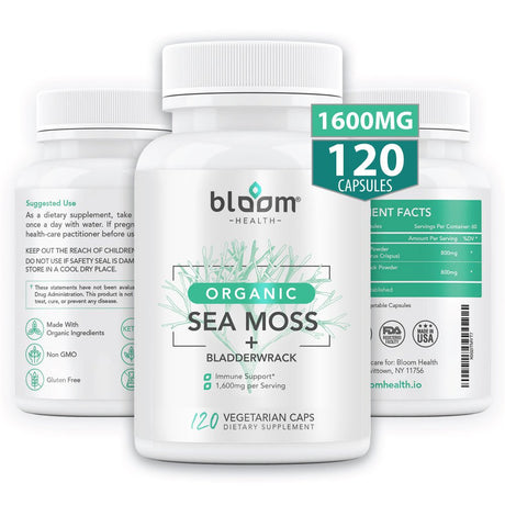 Bloom Health Sea Moss Supplement - Organic Irish Moss for Immune Support - Non-Gmo Seamoss Capsules for Thyroid Health - Vegan Raw Seamoss Pills with Organic Bladderwrack Powder - 120 Vegetarian Caps