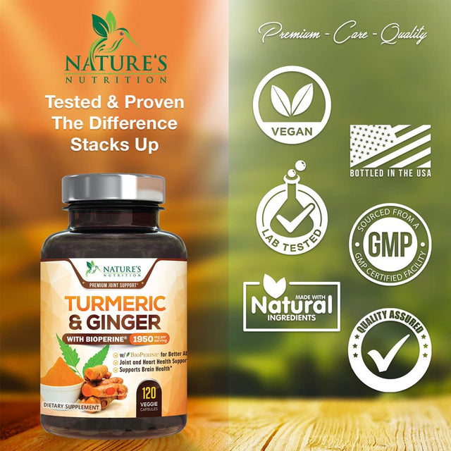 Turmeric Curcumin with Bioperine & Ginger 95% Standardized Curcuminoids 1950Mg Black Pepper for Max Absorption Joint Support, Nature'S Tumeric Herbal Extract Supplement, Vegan, Non-Gmo - 120 Capsules