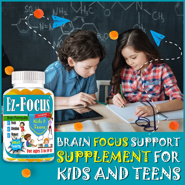 Ez-Focus Kids Brain Focus Chewable Gummies Supplements, Attention & Memory Help Formula for Children and Teens, Natural Omega DHA, Study Task Support