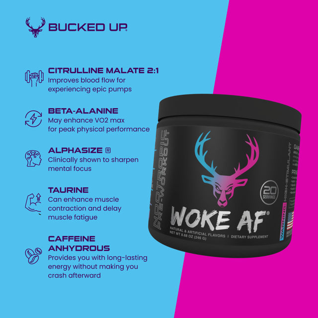 Bucked up Woke AF Pre-Workout Powder, Increased Energy, Miami, 333Mg Caffeine, 20 Servings