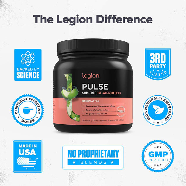 LEGION Pulse Pre Workout Supplement - All Natural Nitric Oxide Preworkout Drink to Boost Energy, Creatine Free, Naturally Sweetened, Beta Alanine, Citrulline, Alpha GPC (Caffeine Free Green Apple)