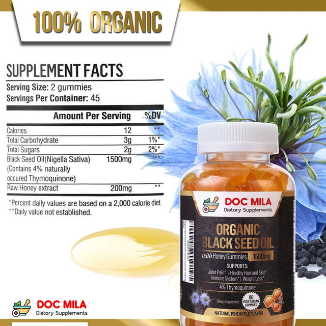 Doc Mila Organic Black Seed Oil Gummies 1500Mg - 4% Thymoquinone, Pineapple Flavor - Gluten Free, Vegetarian Capsules, Soy Free & Non-Gmo - 90 Gummies