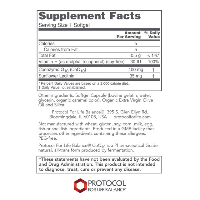 Protocol Coq10 400Mg with Vitamin E - Heart Health Support - 60 Softgels