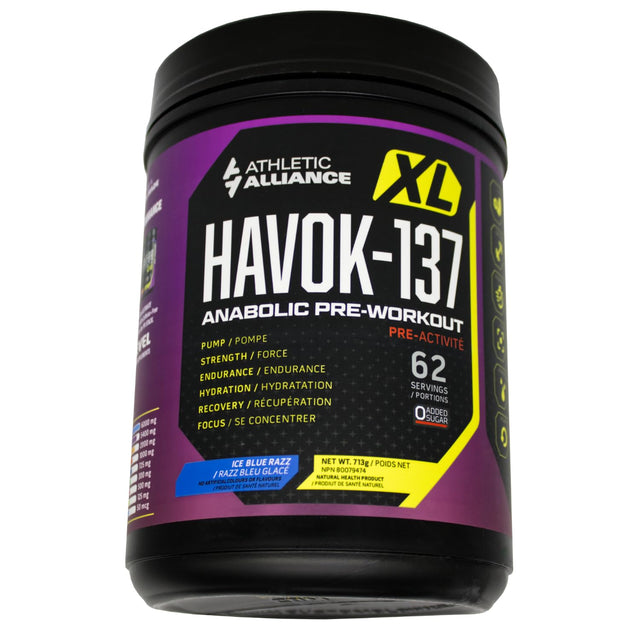 Athletic Alliance HAVOK-137 Pre Workout, Strength, Endurance, Energy and Recovery Preworkout Formula with Caffeine, Nootropic Support, Bcaa’S, Creatine and Dye-Free, 60 Servings (ICY Blue Razz)