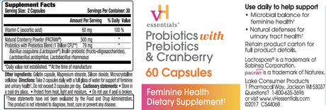 Vh Essentials Probiotics with Prebiotics and Cranberry Feminine Health Supplement - 60 Capsules