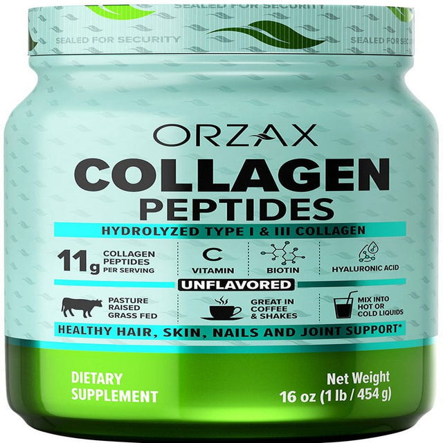 ORZAX Collagen Peptides Powder Unflavored - Hair, Skin and Nails Vitamins - Bone & Joint Support Supplement - Collagen Drink Mix - Collagen Powder for Women & Man (16Oz)