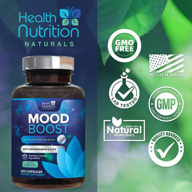 Health Nutrition Naturals Mood Boost Support for Stress 1100Mg - Mood, Calm, and Focus Supplement Formula with 5-Htp, Ashwagandha, GABA Non-Gmo, Vegan, & Bottled in USA Men Women 120 Capsules