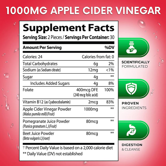 Apple Cider Vinegar Gummies 1000Mg - Vitamin B12, Beetroot, Pomegranate, Natural Digestion, Detox, Weight Management & Immune Health - Raw ACV with the Mother, Vegan, Non-Gmo, Gluten-Free, 60 Gummies