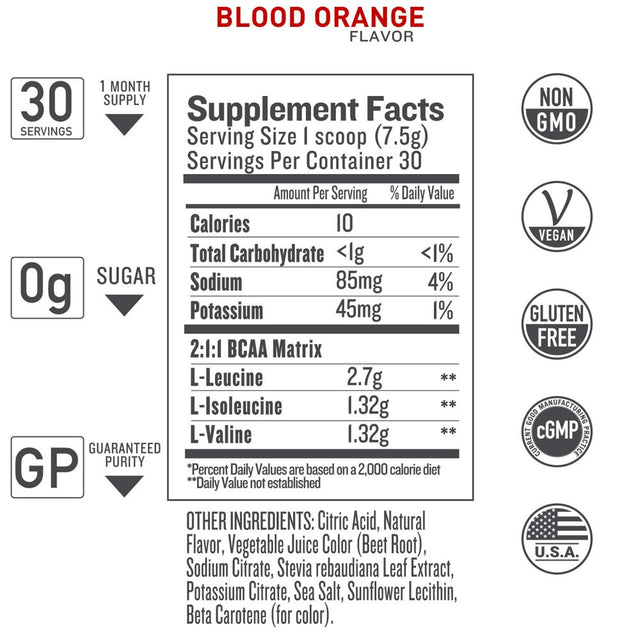 Vegan BCAA Powder - Blood Orange | Branched Chain Amino Acids | Pre/Post Workout Supplement