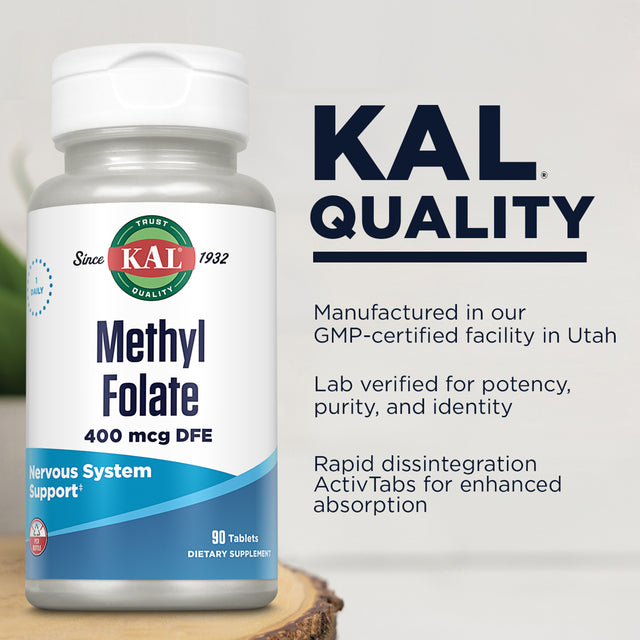 KAL Methyl Folate 400 Mcg | 5-MTHF Active Form | Healthy Heart, Mind, Mood & Prenatal Support | 90 Tablets