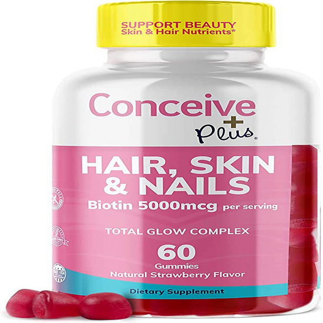 Conceive plus Hair Skin & Nails Gummies - Extra-Strength Biotin, VIT A, C, D3, E Vitamins - Vegan, Hair Growth Supplement - Gelatin-Free - 60 Count