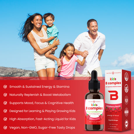 Nutrachamps Vitamin B Complex for Kids | B1, B2, B3, B6, B7, B9 & Methyl B12 | Kids B Complex Liquid Drops Supplement | Energy, Focus, Metabolism | Vegan & Non-Gmo | Natural Berry | 120 Servings