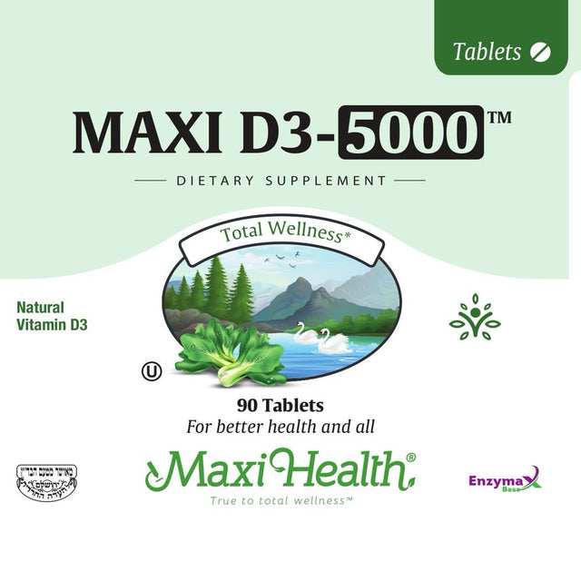 Maxi Health Natural Vitamin D3 -"5000 IU" - Nutrition Supplement - 90 Tablets - Kosher