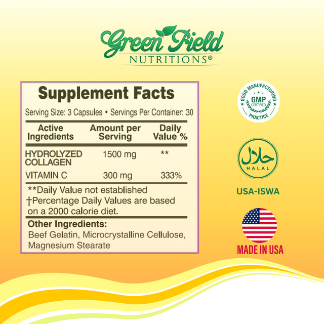 Greenfield Nutritions - Halal Collagen 1500 Mg with Halal Vitamin C, Hair, Skin, Nails, & Joints 90 Capsules