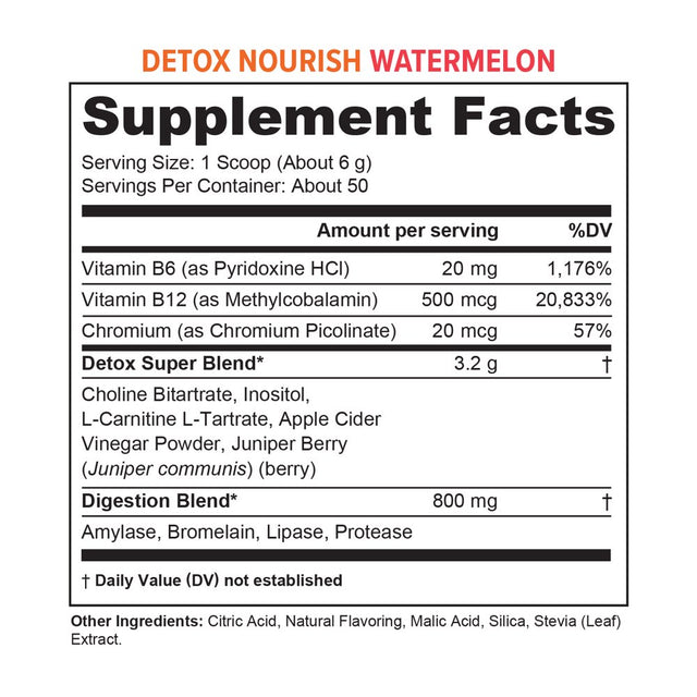 Detox Nourish Detox Cleanse Weight Loss Powder: Natural Digestive Enzyme Supplement with Apple Cider Vinegar to Support Healthy Weight Loss for Women and Men and Bloating Relief, Watermelon, 50 Svgs.