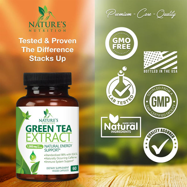 Green Tea Extract Capsules 1000Mg 98% Standardized EGCG - 3X Strength for Natural Energy - Heart Support with Polyphenols - Gentle Caffeine - 60 Capsules