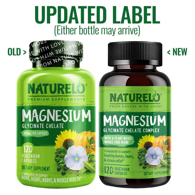 NATURELO Magnesium Glycinate Chelate Complex - 200 Mg Magnesium with Organic Vegetables to Support Sleep, Calm, Mcle Cramp & Stress Relief – Gluten Free, Non GMO - 120 Capsules