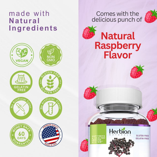 Herbion Elderberry Gummies with Vitamin C & Zinc - Healthy Immune System Support - Gluten-Free & Gelatin-Free - 60 Gummies for Adults & Children 4 Years & above - Made in USA.