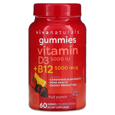 Viva Naturals, Vitamin B12+D3 Gummies, Fruit Punch, 5,000 IU/5,000 Mcg, 60 Gummies