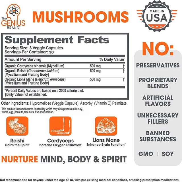 Mushroom Brain Supplement Nootropic with Lions Mane, Reishi, Codyceps for Energy & Focus, Genius Mushrooms by the Genius Brand