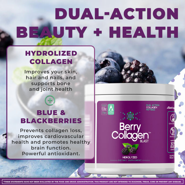 Berry Collagen Blast Powder Hydrolyzed (1) |Premium Blend Grass-Fed - Soy Free | Dual Action Collagen Peptides | Support Bones and Joints | Blueberry & Blackberry | IGEN GMO - 204 Grams