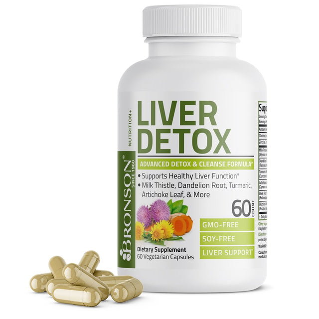 Bronson Liver Detox Advanced Detox & Cleansing Formula Supports Health Liver Function with Milk Thistle, Dandelion Root, Turmeric, Artichoke Leaf & More, Non-Gmo, 60 Vegetarian Capsules