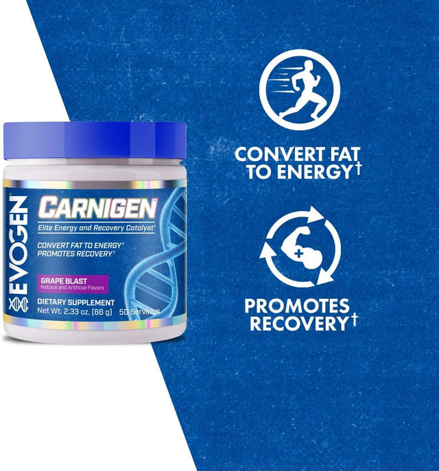 Evogen Carnigen Grape | Carnitine Fat Burning Powder, Carnitine Tartrate, Acetyl-L-Carnitine, Carnitine Orotate, Carnitine Fumarate, Bioperine, 50 Servings