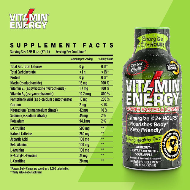 Pre Workout Vitamin Energy Drink - Keto Friendly Sugar Free Shots | Natural Clean Green Tea Caffeine with Proprietary Endurance Blend | Energize up to 7+ Hours - Sour Apple - 1.93 Fl Oz (Pack of 12)