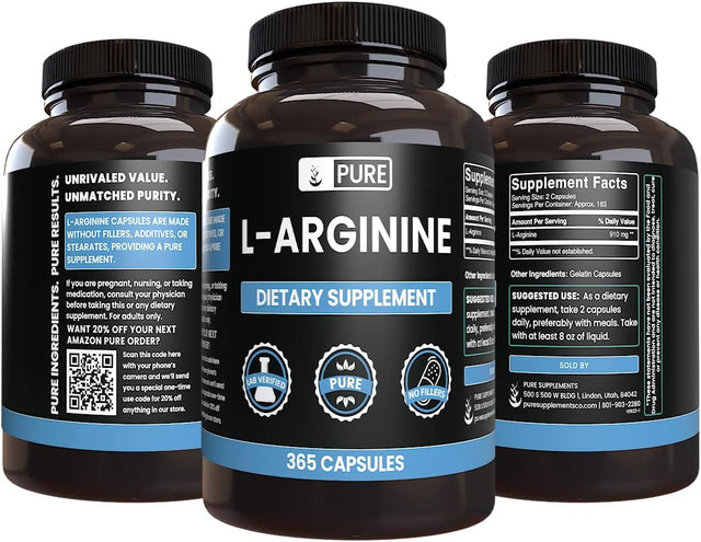 Pure Original Ingredients L-Arginine (365 Capsules) No Magnesium or Rice Fillers, Always Pure, Lab Verified