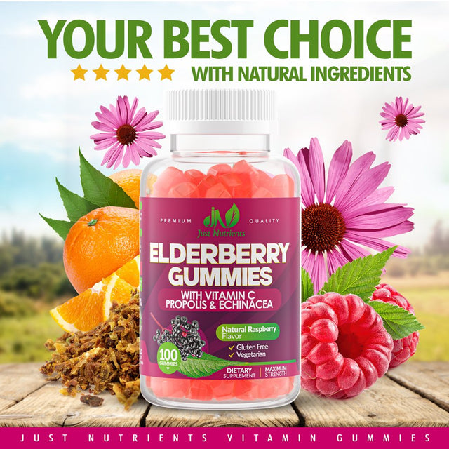 Elderberry Sambucus Gummies with Vitamin C, Echinacea, Propolis for Kids & Adults - 100 Gummies