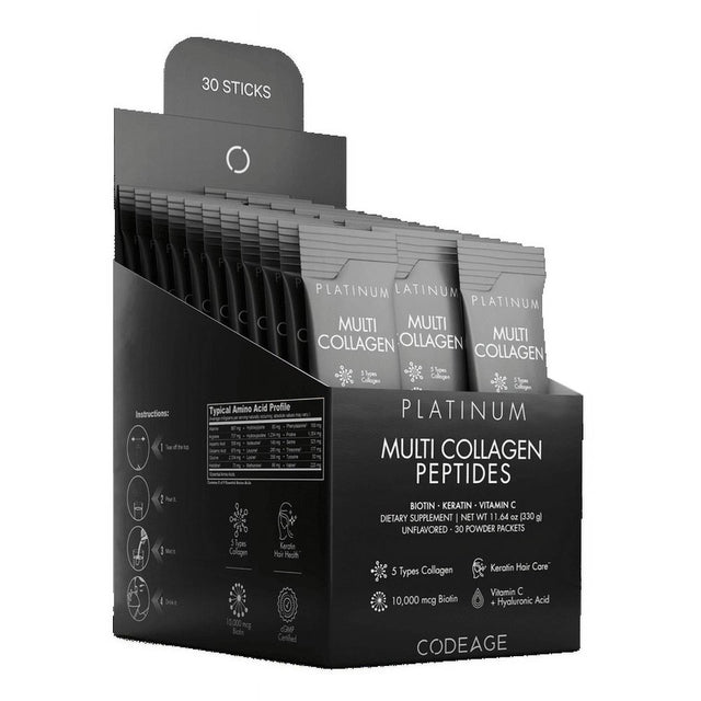 Codeage Multi Collagen and Biotin 10,000 Mcg + Vitamin C Powder Supplement, B6 & D3, 30 Stick Packs