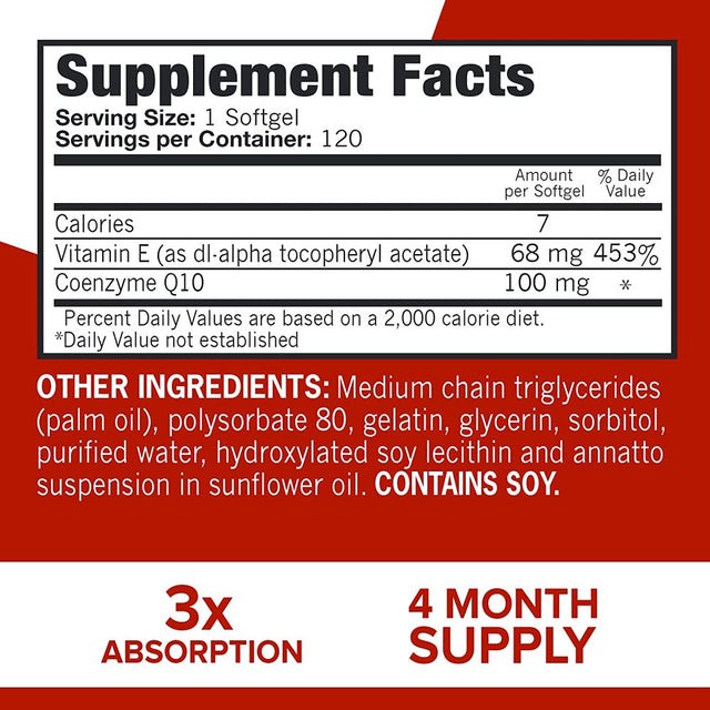 Coq10 100Mg Softgels - Qunol Ultra 3X Better Absorption Coenzyme Q10 Supplements - Antioxidant Supplement for Vascular and Heart Health & Energy Production - 4 Month Supply - 120 Count