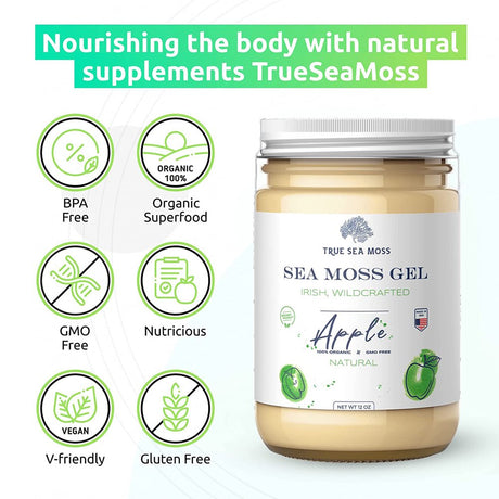 Trueseamoss Wildcrafted Irish Sea Moss Gel – Nutritious Raw Seamoss Rich in Minerals, Proteins & Vitamins – Antioxidant Health Supplement, Vegan-Friendly Made in USA (Apple, 4)