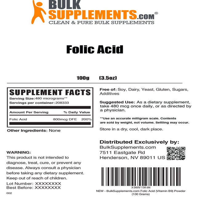 Bulksupplements.Com Folic Acid (Vitamin B9) Powder 480Mcg - Prenatal Vitamins (100 Grams)