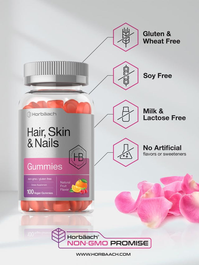 Hair Skin & Nails Vitamins | 100 Gummies | Natural Fruit Flavor | by Horbaach