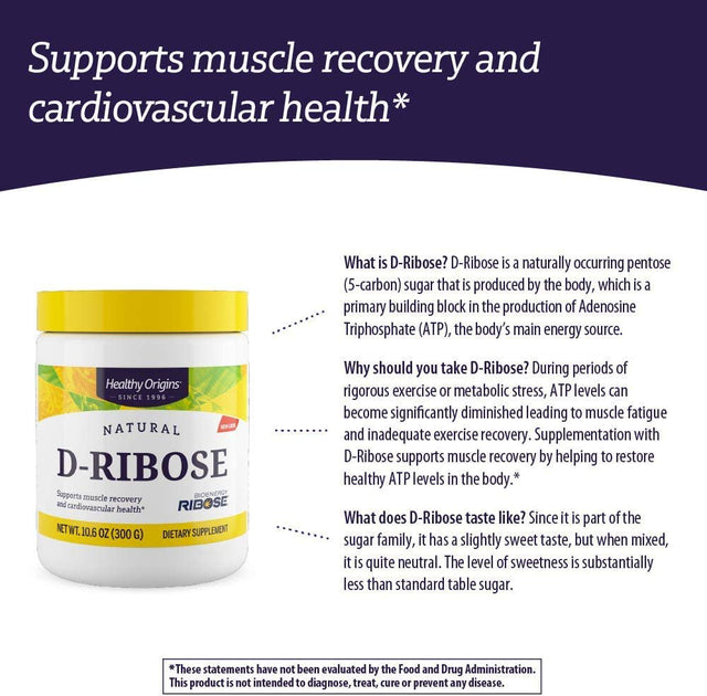 Healthy Origins D-Ribose Powder (Bioenergy, Non-Gmo, Gluten Free, Energy Support, Heart Support), 10.6 Ounce