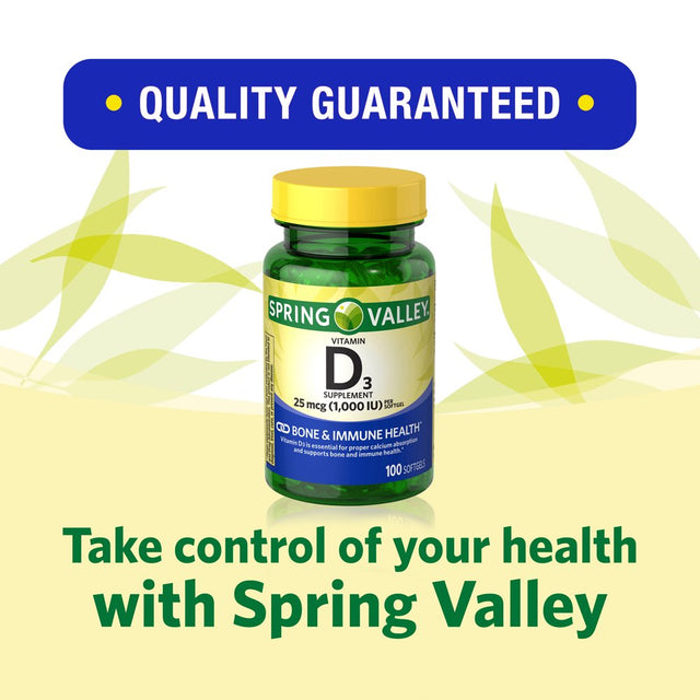 Spring Valley Vitamin D3 Bone & Immune Health Dietary Supplement Softgels, 25 Mcg (1,000 IU), 100 Count