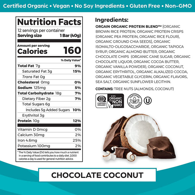 Orgain Organic Vegan Protein Bars, Chocolate Coconut - 10G Plant Based Protein, Gluten Free Snack Bar, Low Sugar, Dairy Free, Soy Free, Lactose Free, Non GMO, 1.41 Oz (Pack of 12)