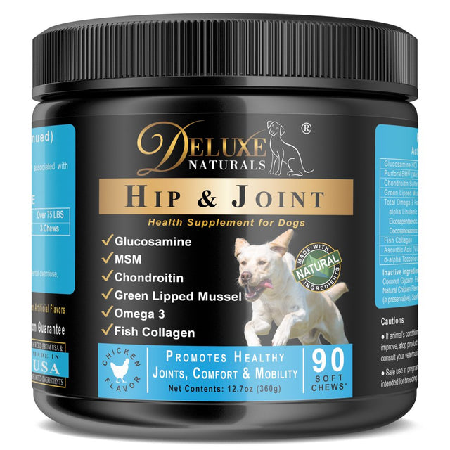 Deluxe Naturals Hip and Joint Soft Chews for Dogs with Glucosamine, MSM, Chondroitin, Omega-3, Collagen, Lipped Mussel | Dog Joint Supplement - 360 Count (Pack of 4 X 90Ct)