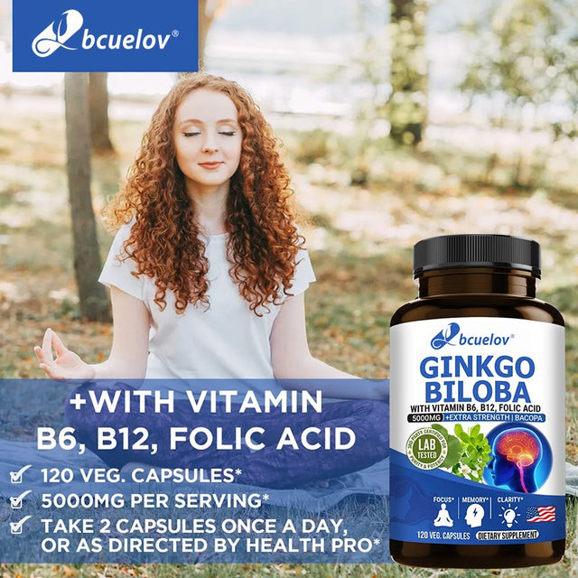 Ginkgo Biloba Supplement - with Vitamins B6 B12 - Standardized Extract 24% Ginkgo Flavonoid Glucosides 6% Terpene Lactones - Brain Memory Mental Clarity Alertness Energy Mood-120Capsules