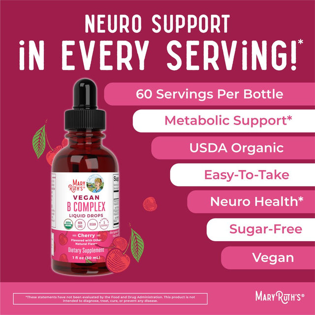 Maryruth Organics | USDA Organic Vegan Vitamin B Complex Liquid Drops | Cherry Flavor | Vegan, Non-Gmo | 1 Fl Oz / 30 Ml