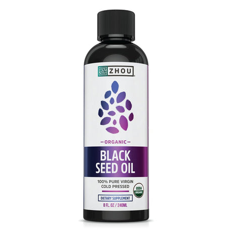 Zhou Organic Black Seed Oil | 100% Virgin Cold Pressed Omega 3 6 9 | Super Antioxidant for Immune Support, Joints, Digestion, Hair & Skin | Vegan, Gluten-Free, Non-Gmo | 8Oz