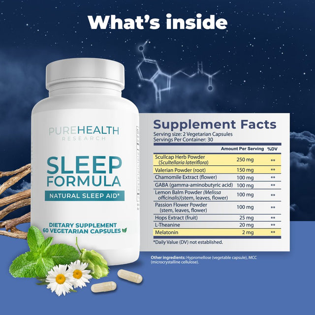 Sleep Formula by Purehealth Research, Naturally Calms & Relaxes for Deeper, Longer, Blissful Sleep, 1 Bottle